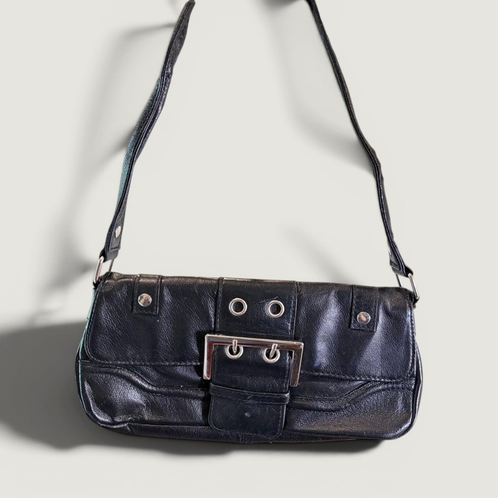 Wilsons Leather Maxima Black Leather Buckle Baguette Shoulder Bag Y2K